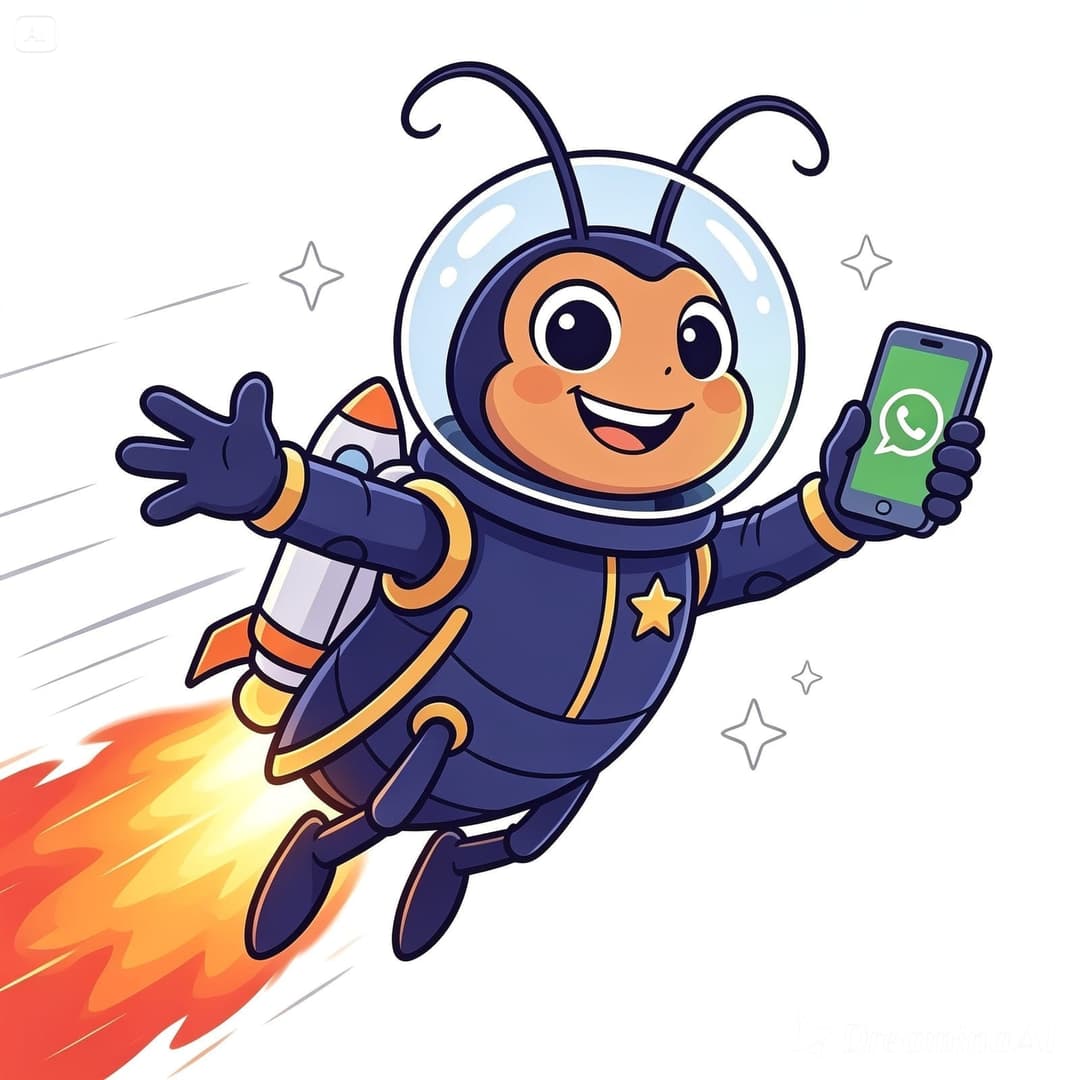 Maskot autoaja terbang dengan roket sambil memegang smartphone WhatsApp